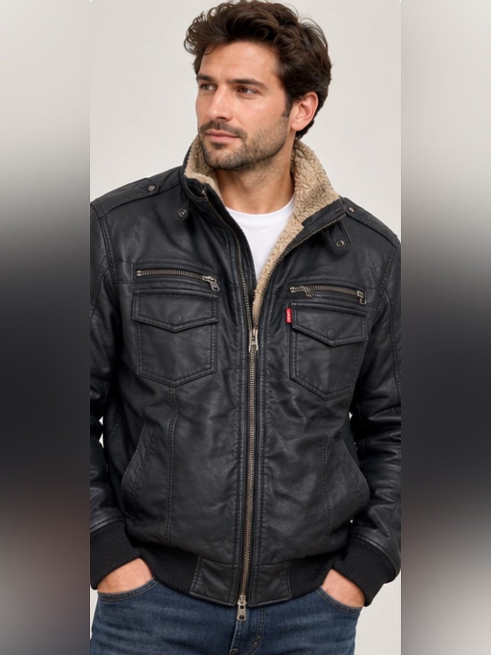 Levi’s Men’s Black Sherpa Lined Moto Biker Jacket Size L